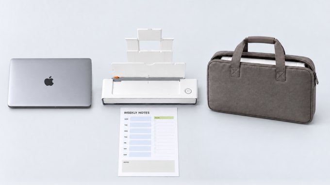 INKELVA with a laptop, printed report and carry bag showing its portable size