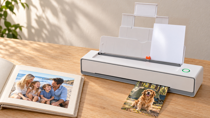 INKELVA printing a borderless photo beside a family photo album